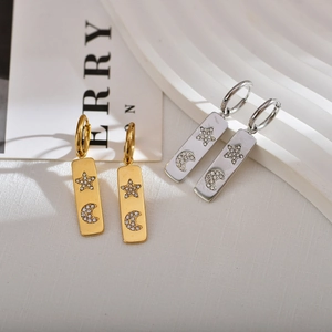Stainless Steel Hoop Earrings With Rectangular Pendant Star Moon Zircon Inlaid Minimalist Elegant Jewelry For Women
