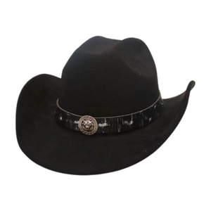 Close-up of black western cowboy hat featuring a silver lion head metal ornament