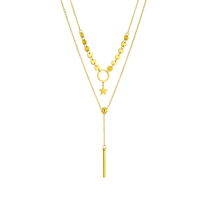 Double-layered gold necklace featuring a star charm and long bar tassel pendant