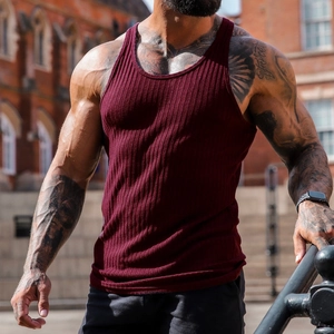 Men's burgundy ribbed fitness tank top with a slim fit and racerback design