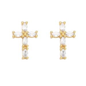 Detail view of gold cross stud earrings featuring marquise-cut clear cubic zirconia stones