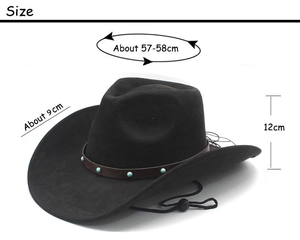 Detailed dimensions of black western cowboy hat with turquoise band and size measurements
