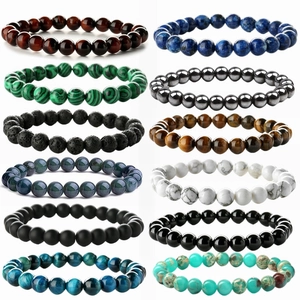 Natural Stone Beaded Bracelet Men Tiger Eye Agate Lava Rock Turquoise Round Beads Elastic Yoga Healing Jewelry Boho