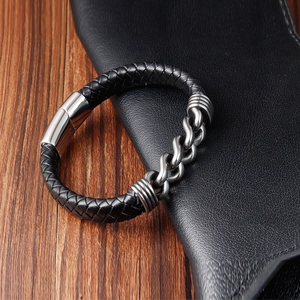 Men's braided black leather bracelet with silver stainless steel chain link and magnetic clasp