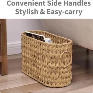 Detailed view of hand-woven rattan storage basket with convenient round side handles