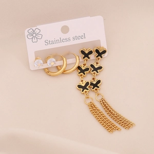 Goldenes Edelstahl-Ohrring-Set mit Herz, Zirkon und schwarzen Schmetterlingsquasten