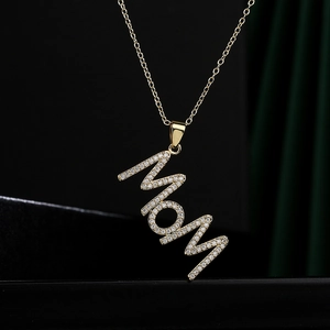 Gold 18K plated MOM letter pendant necklace with sparkling micro-pave cubic zirconia