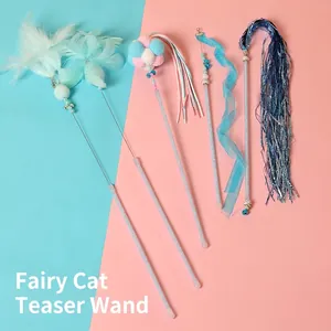 Cat Teaser Wand Interactive Toy With Feather Plush Ball Bell Acrylic Pole Glitter Tassel Ribbon For Indoor Kitten