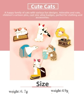 Detail of cute cartoon cat enamel pins showing diverse musical and school themes