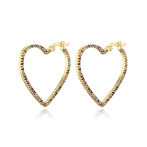 Macro view of C-shaped heart earrings in 18K gold plating with colorful zircon stones