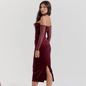 Elegant wine red velvet off-shoulder dress with sheer mesh sleeves and back slit detail