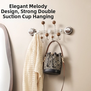 Dual suction cup wall organizer rack with metal hooks and wood spherical decorative tips
