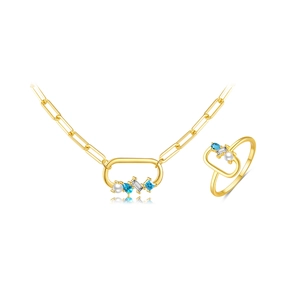 S925 sterling silver jewelry set with blue waterdrop gems and white pearl accents