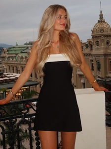 Women Strapless Mini Dress Polyester Spandex Contrast Color Slim Fit Bodycon Sleeveless Sexy Party Summer Clubwear