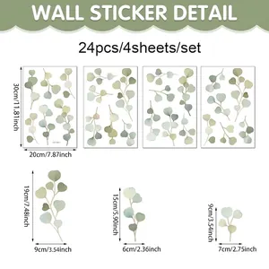 Nordic watercolor eucalyptus leaf wall stickers set of 24 pieces with detailed dimensions