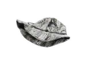 Close-up of silver snakeskin pattern on a trendy PVC bucket hat for men and women