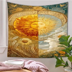 Detail of bohemian sun and zodiac tapestry hanging on a cozy bedroom wall