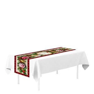 Christmas table runner with red plaid, pine needles, bells, and clock face pattern
