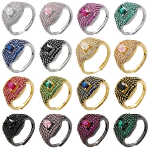Hip Hop Square Ring For Women Luxury Copper Colorful Zirconia Pave Rectangular Stone Retro Adjustable Open Finger Jewelry