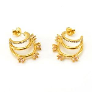 Three-layer gold hoop earrings with sparkling rhinestones and pink zircon accents