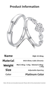 Detailed view of adjustable S925 silver rings with cubic zirconia heart and specifications