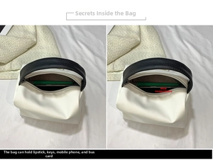 Detail of white leather mini bag showing brown interior lining and phone storage space