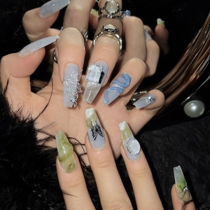 Handgemaakte Chinese nepnagels met blauwe slang, 3D-steentjes en zilveren veerversiering