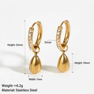 Gold-plated stainless steel teardrop earrings with zircons 25mm height elegant jewelry