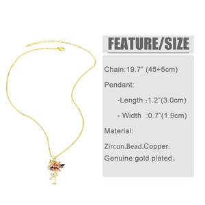 Detail showing the flamingo pendant dimensions and gold-plated chain length parameters