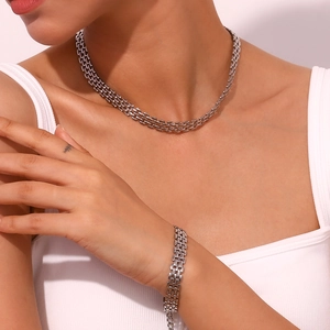 Silver stainless steel watch band link chain necklace and bracelet jewelry set for women