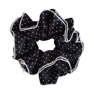French minimalist black and white polka dot hair scrunchie with ruffled edge decoration