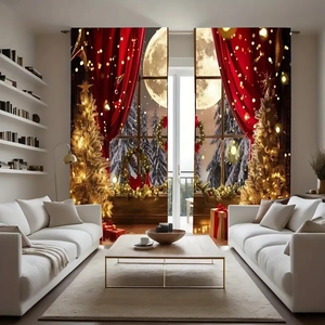 Detail of Christmas themed curtains featuring a festive tree, wreath and snowy night scenery