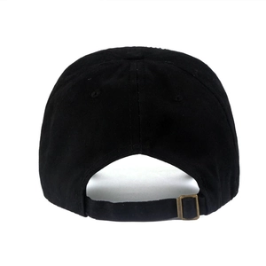 Back view of black rhinestone skull baseball cap with adjustable metal buckle closure