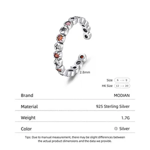 Bague réglable en argent sterling S925 avec zircon rouge et motif d'étoile noire