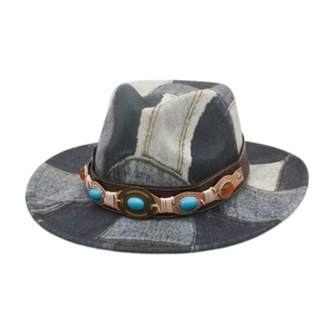 Western Cowboy Hat Fedora Denim Patchwork Retro Wide Brim Leather Band Turquoise Accents For Men Women Outdoor