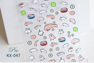 Detail view of TENSOR KX-047 ultra-thin matte nail stickers with cute seafood characters