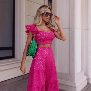 Femme Broderie Anglaise Haut Court Volants Et Jupe Mi Longue Été Vacances Élégant Rose Respirant Taille Haute Tenue Fête