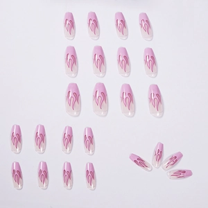 Pink gradient long coffin press-on nails with hot pink flame patterns in a 24-piece set