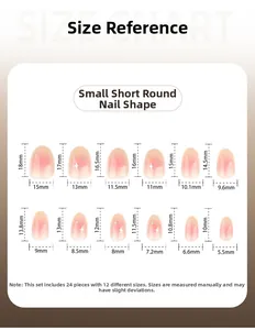 Size chart for short round blush gradient press-on nails featuring 12 different dimensions