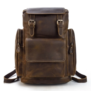 Front view of crazy horse leather backpack showing vintage brown texture and multi-pocket design