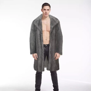 Men's long faux fur coat in dark grey with large lapels and premium plush texture