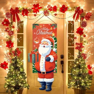 Christmas Hanging Flag Santa Claus Cartoon Polyester Banner With Wood Pole For Home Door Wall Decor Festive Ornament