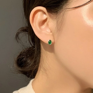 Minimalist oval green agate stud earrings in 925 sterling silver for women