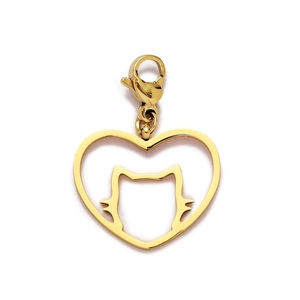 Detailed view of heart-shaped gold pendant with cat silhouette and lobster clasp