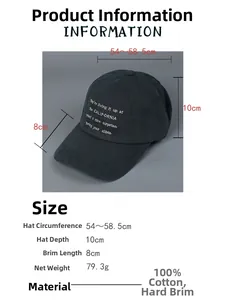 Detailed chart showing dark grey cotton baseball cap size, 100% cotton material and dimensions