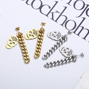 Punk Gothic Skull Drop Earrings Stainless Steel Hollow Skull Pendant Cuban Chain Dangle Jewelry For Women
