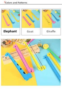Detailed view of 18.6cm cartoon animal rulers with dual scales in pink, blue, and yellow