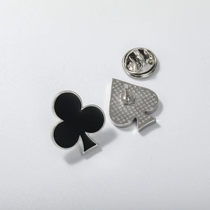Classic poker suits enamel brooch set featuring black club pin and silver spade back