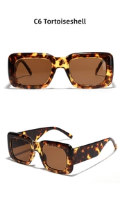 Detailed front and side views of square tortoiseshell sunglasses with brown lenses