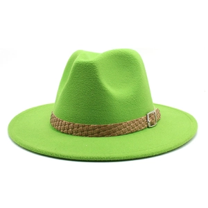 Detail showing bright green fedora hat with woven brown leather band and silver buckle
